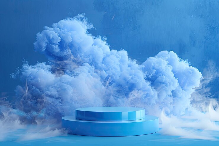 Photo podium bleu 3d avec nuages de fume classe pour produits