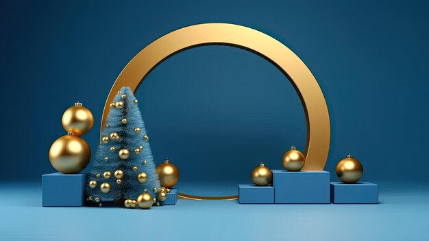 Un podium bleu luxueux en 3D mettant en valeur le magnifique arche d'or de l'arbre de Noël généré par l'IA