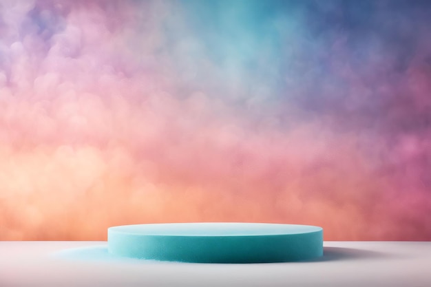 Podium bleu minimaliste avec un fond coloré de rêve