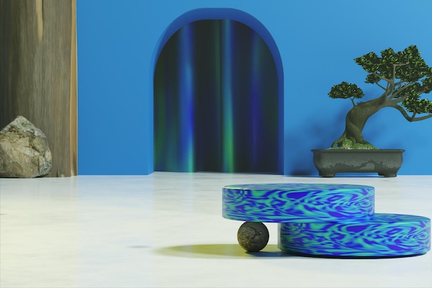 Podium bleu pour la maquette de présentation du produit avec fond de rendu 3D botani et rock