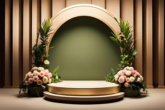 Podium en bois 3D réaliste avec de la verdure et des fleurs en arrière-plan Idéal pour la bannière publicitaire