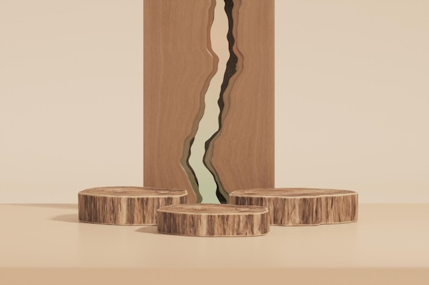 Podium en bois 3d, vitrine avec ombres sur fond pastel avec mur de verre, feuilles tropicales.