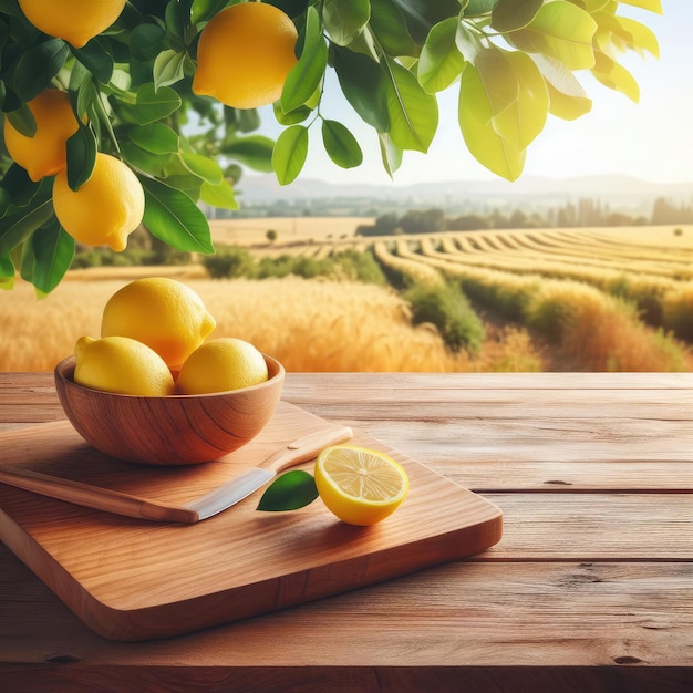 podium en bois avec des citrons sur une table