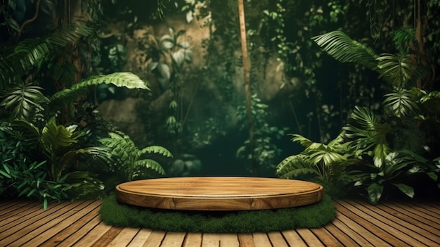 Podium en bois dans la forêt tropicale pour la présentation du produit et fond vert Generative AI