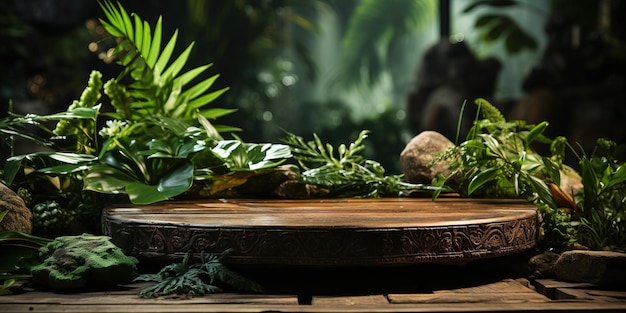 Podium en bois dans une forêt tropicale pour la présentation de produits et fond vert