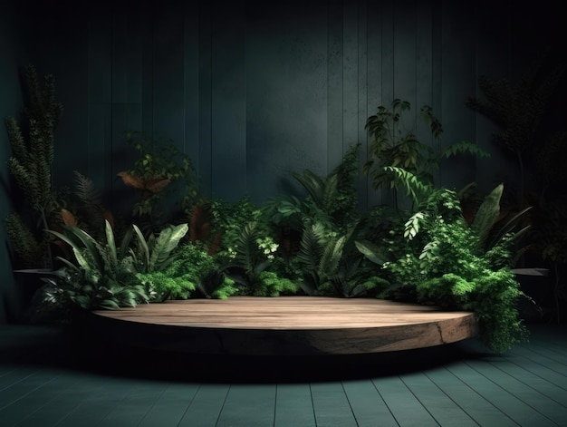 Podium en bois d'exposition de stand de publicité de produits cosmétiques sur fond vert avec feuilles et sha