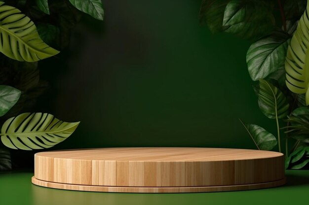 Podium en bois avec feuilles vertes pour présentation de produits NatureInspired