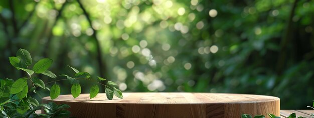 Podium en bois fond bokeh vert en bois