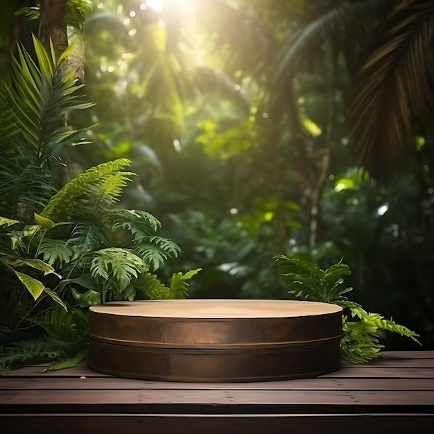 Podium en bois sur fond de forêt tropicale pour la présentation des produits