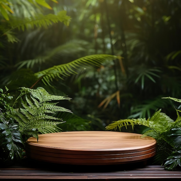 Podium en bois sur fond de forêt tropicale pour la présentation des produits