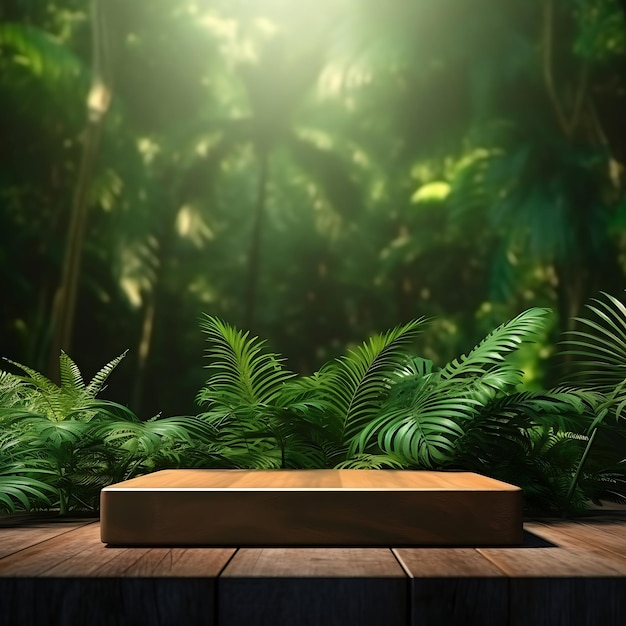 Podium en bois sur fond de forêt tropicale pour la présentation des produits