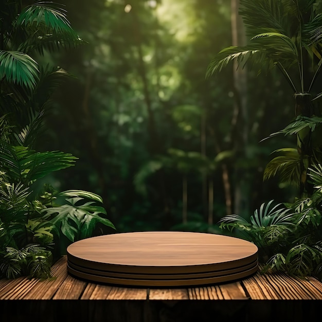 Podium en bois sur fond de forêt tropicale pour la présentation des produits