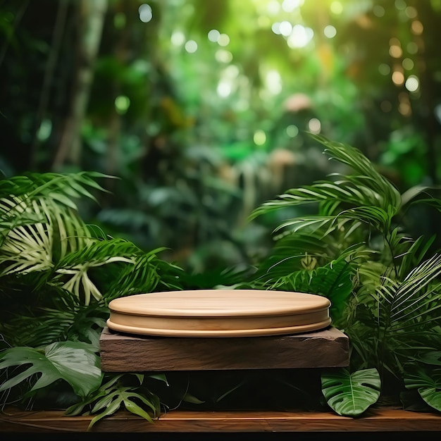 Podium en bois sur fond de forêt tropicale pour la présentation des produits