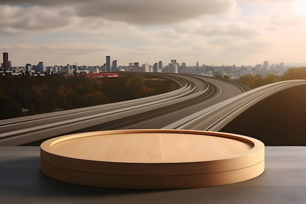 Podium en bois sur le fond d'une maquette d'autoroute routière AI générative 1