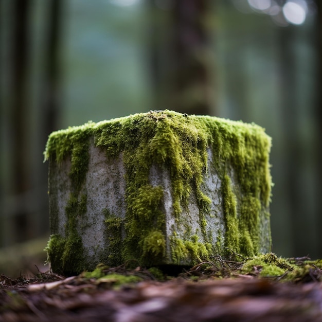 Podium en bois avec de la mousse dans une forêt