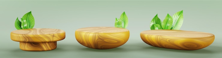 Photo d podium en bois naturel avec feuille pour l'affichage des produits isolé sur fond vert cercle de table en bois