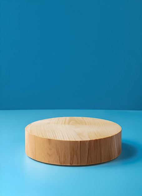 Podium en bois pour la présentation du produit avec fond bleu