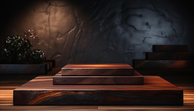 Podium en bois pour la présentation de produits dans la pièce sombre rendu 3D