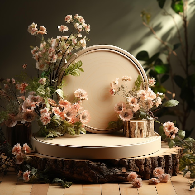 Podium en bois pour présentation de produits décoré de fleurs