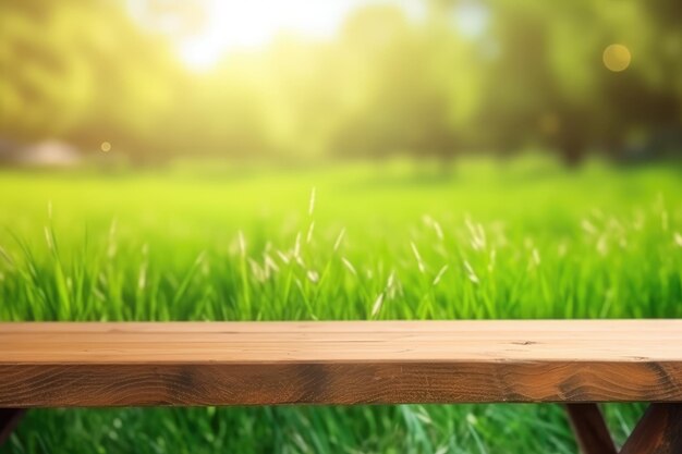 Podium en bois pour produit avec fond d'herbe AI