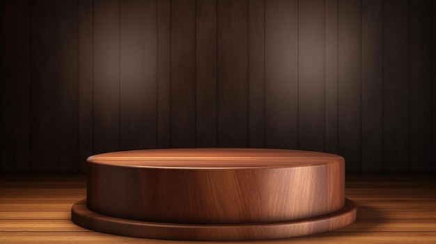 Un podium en bois rond avec un fond en bois foncé.