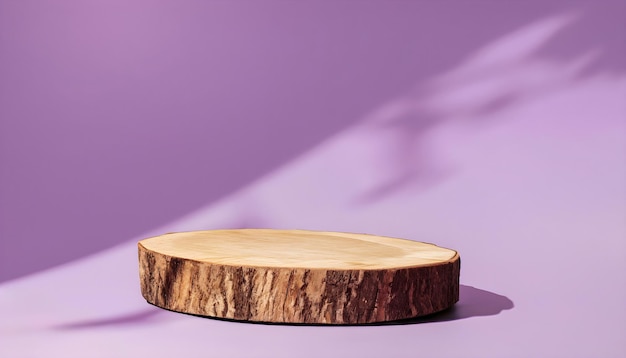 Un podium en bois rond avec un fond violet