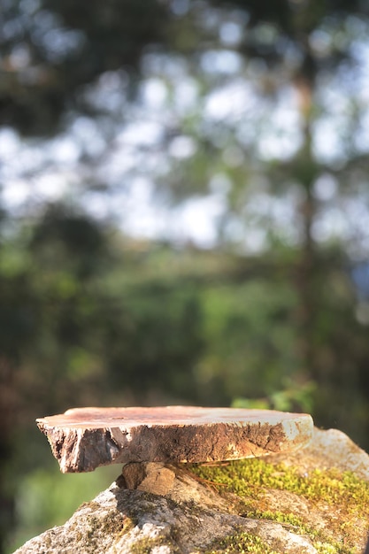 Photo un podium en bois scié avec un fond naturel sur les pierres vitrine avant