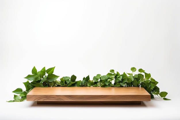Photo un podium en bois vide fait d'un morceau de bois tranché orné de feuilles vertes flottant dans un