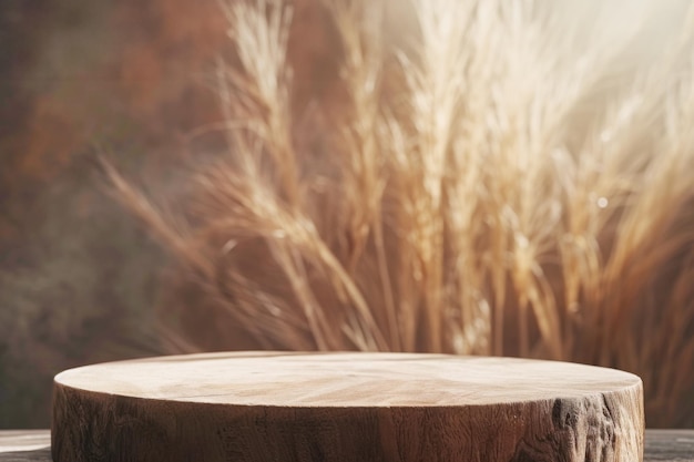 Podium en bois vide pour la présentation sur un fond rustique brun avec des épis de blé et de la vapeur