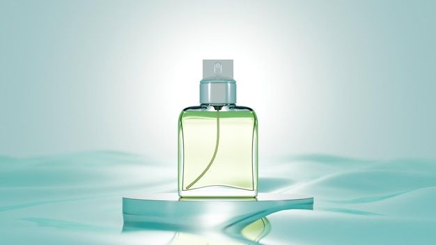 Podium de bouteille de parfum en verre sur une scène de maquette d'eau photo premium rendu en 3D