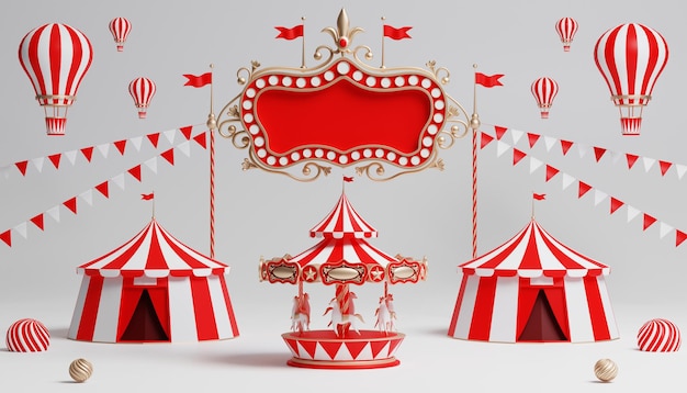 Photo podium de carnaval 3d avec de nombreux manèges et boutiques tente de cirque illustration 3d