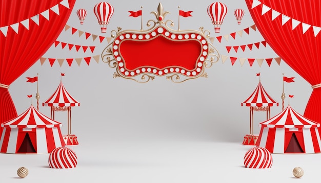 Podium de carnaval 3d avec de nombreux manèges et boutiques tente de cirque illustration 3d