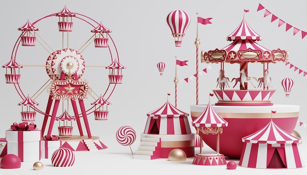 Podium de carnaval 3d avec de nombreux manèges et boutiques tente de cirque illustration 3d