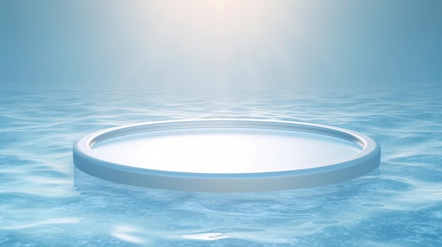Podium de cercle blanc vide publicitaire sur la texture transparente de l'eau bleu clair et calme avec des éclaboussures et des vagues dans la lumière du soleil Generative Ai