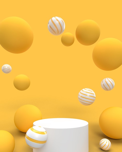 podium de cercle avec bulle flottant en arrière-plan rendu 3d abstrait géométrique minimal jaune