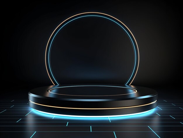 Podium en cercle noir vide réaliste en 3D avec des cercles au néon sur un fond noir clair