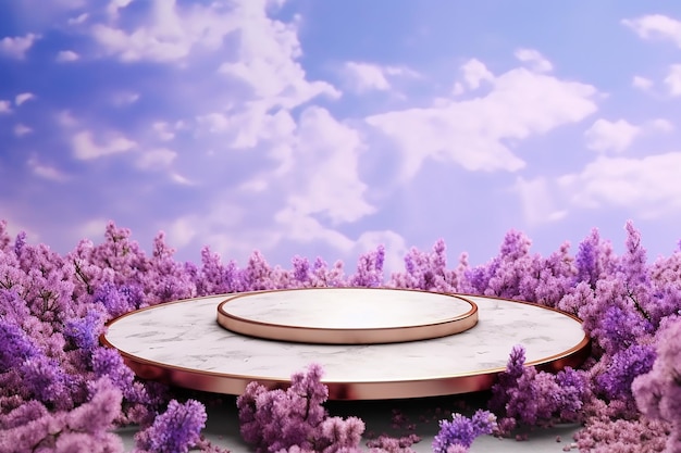 Podium en cercle d'or blanc pour l'affichage des produits sur un sol violet