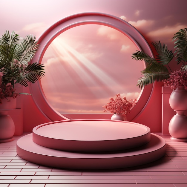 Podium en cercle rose 3D avec fond moderne et décoration végétale