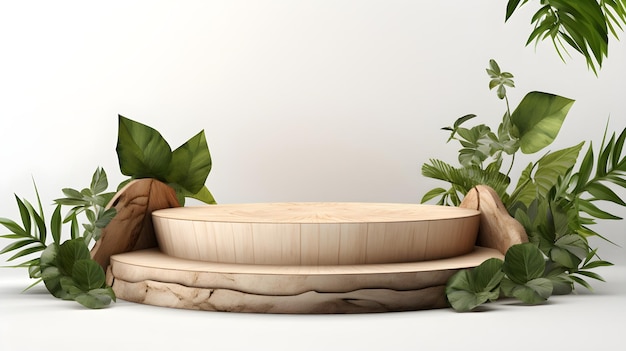 Podium circulaire en bois pour l'affichage des produits avec fond de feuilles naturelles