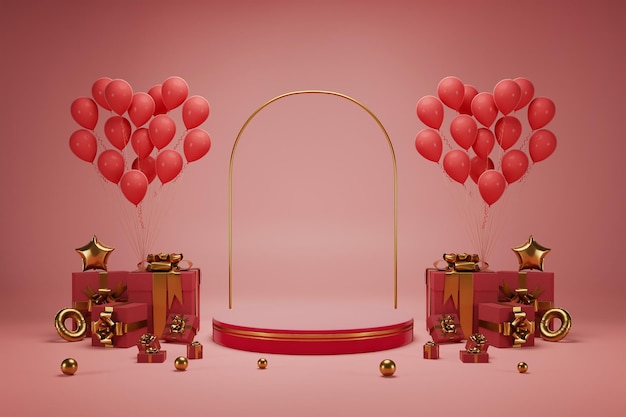 Podium circulaire de boules d'or de studio 3D avec coffrets cadeaux à deux faces et scène rouge de ballons