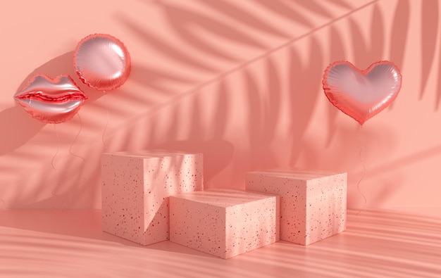 Podium coeurs ballons aluminium coloré rendu 3D Ensemble de plates-formes pour la présentation du produit
