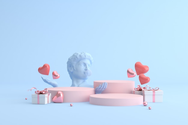 podium de coffret cadeau avec ballons coeur et sculpture humaine, présentation du produit.