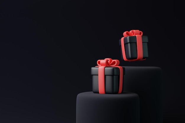 Podium et coffrets cadeaux sur fond noir Décoration de vacances Cadeau festif surprise rendu 3D