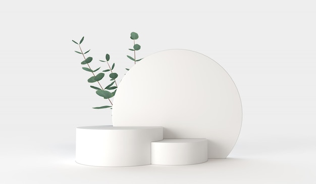 Photo podium de conception d'affichage de produit minimal avec des feuilles d'eucalyptus vert rendu d