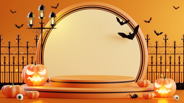Podium de conception d'illustration de rendu 3D pour la bannière d'Halloween avec la tombe de la boîte de cadeaux de bonbons de bougie de crâne de citrouillecrucifix sur fond