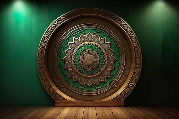 Podium cosmétique Golden Wood Mandala Fond vert pour la présentation du produit AI