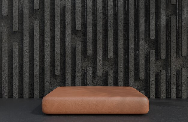 Podium en cuir marron pour la présentation du produit sur le style de luxe de fond de mur de pierre.,Modèle 3d et illustration.