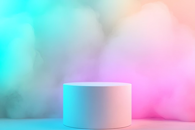 Podium en cylindre blanc sur un fond néon vibrant avec des nuages de fumée