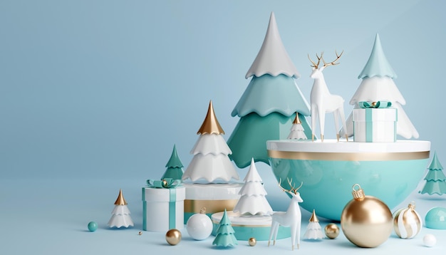 Podium de cylindre de rendu 3D à Noël Père Noël et coffrets cadeaux de sapin de Noël ruban produit parfum promotion vente présentation cosmétique sur la couleur d'arrière-plan