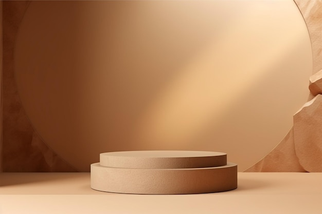 Podium cylindrique beige ou présentoir de produit sur socle avec lumière de fenêtre sur fond marron 3d